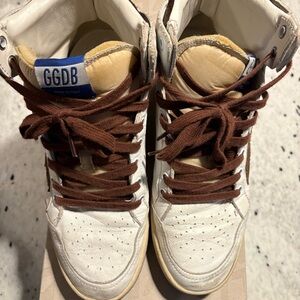 Golden Goose Sky Star Sneakers in White, Beige, and Chocolate